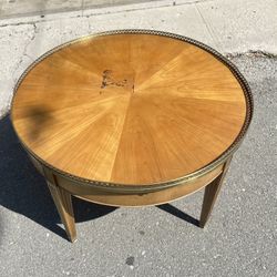 Vintage Round Coffee Table with Pull-Out Side Trays, Brass Gallery Trim
