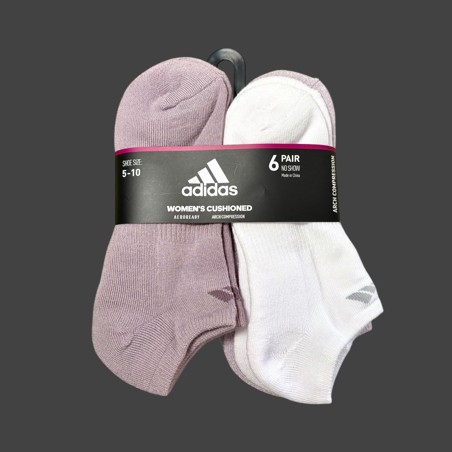 Adidas Women’s Cushioned No Show Arch Compr Socks Purple Gray Sz 5-10 6 pack