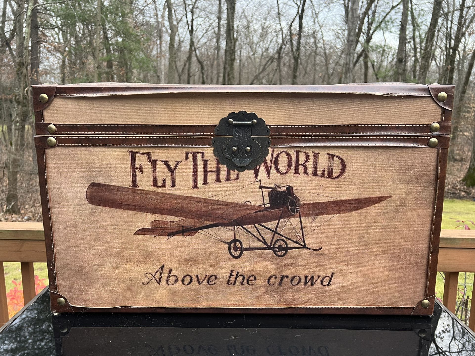 Fly the World Canvas Wood Faux Leather Storage Trunk Chest Brown