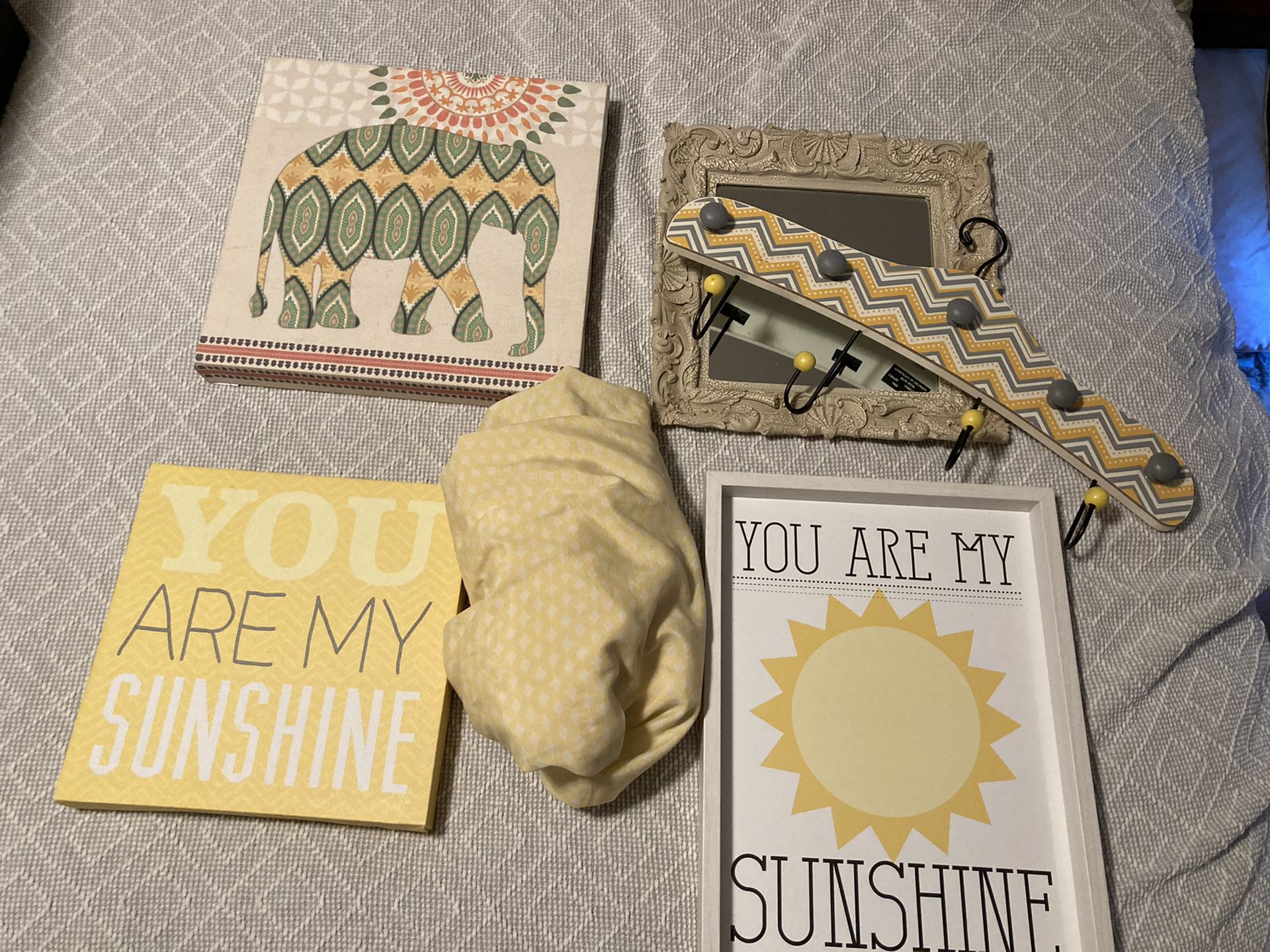 Lot Nursery Decor, You Are My Sunshine, House Decorations, Yellow and Grey, Mirror, Elephant Picture, Crib Sheet
