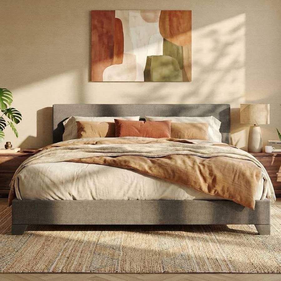 King Platform Upholstered Bed Frame with Adjustable Headboard, Wood Slats Suppor