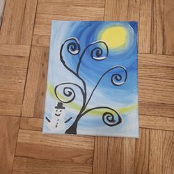 Canvas Painting Of Snowman & Tree 