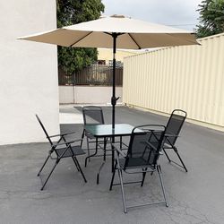 (NEW) $140 Outdoor 6pcs Patio Set with 32x32” Table, 4pc Folding Chairs and 10ft Tilt Umbrella