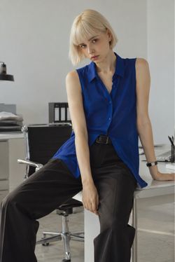 Fleur Bleue Cobalt Blue Sleeveless Button Up Blouse Office Siren Workwear XS 💙