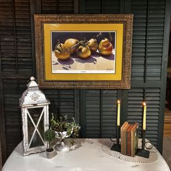 Signed Limited Edition Print – Sunlit Pears by Esther Melton – 38x28 Ornate Gold Frame, Dining Room Art 