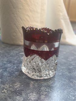 Cut Glass & Cranberry Toothpick Holder 2” High