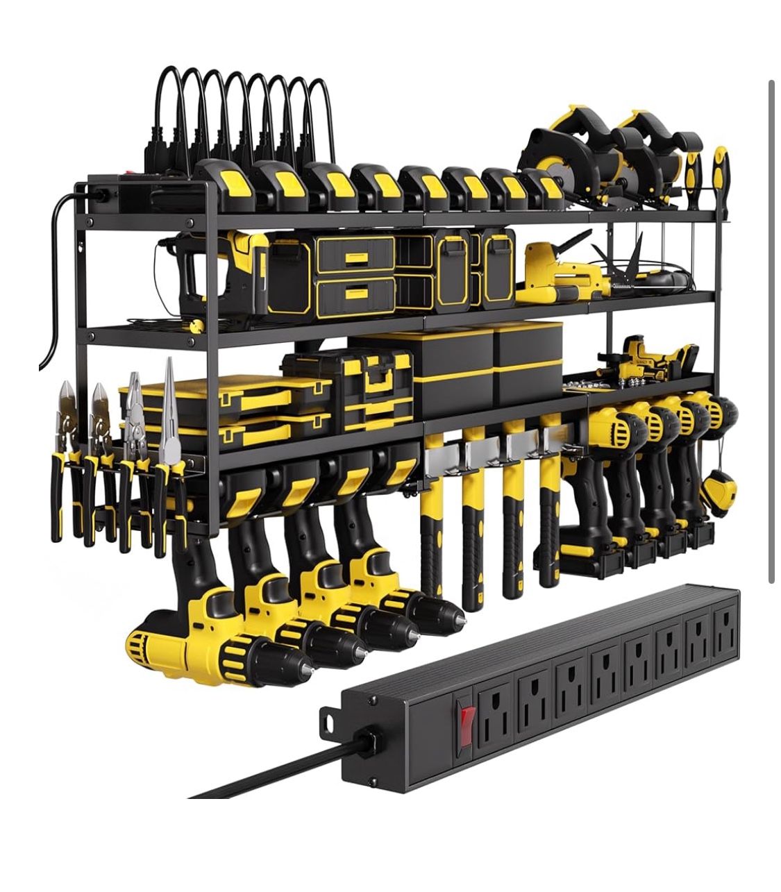 Power Tool Organizer Wall Mount with Charging Station, Cordless Tool Organizer, 12 Drill Holders 4-Tier Heavy Duty Drill Rack with 8-Outlet Power Stri