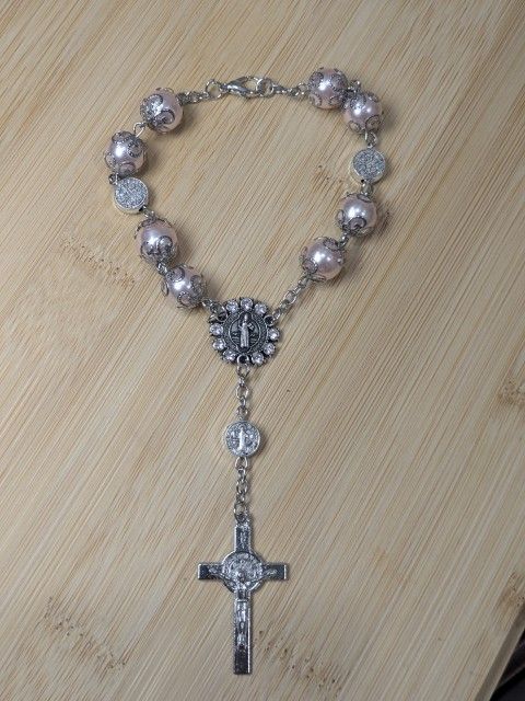 Catholic One Decade Automatic Rosary Bead Bracelet of St. Benedict Crucifix Divine Mercy Gift