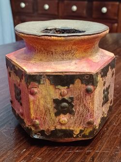 #1549, rustic brass/wood vase.
