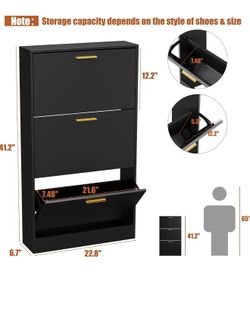 Shoe Cabinet Storage with 3 Flip Drawers for Entryway, Black Slim Freestanding Modern Narrow Shoe Organizer Rack Cabinet for Hallway, Living Room
