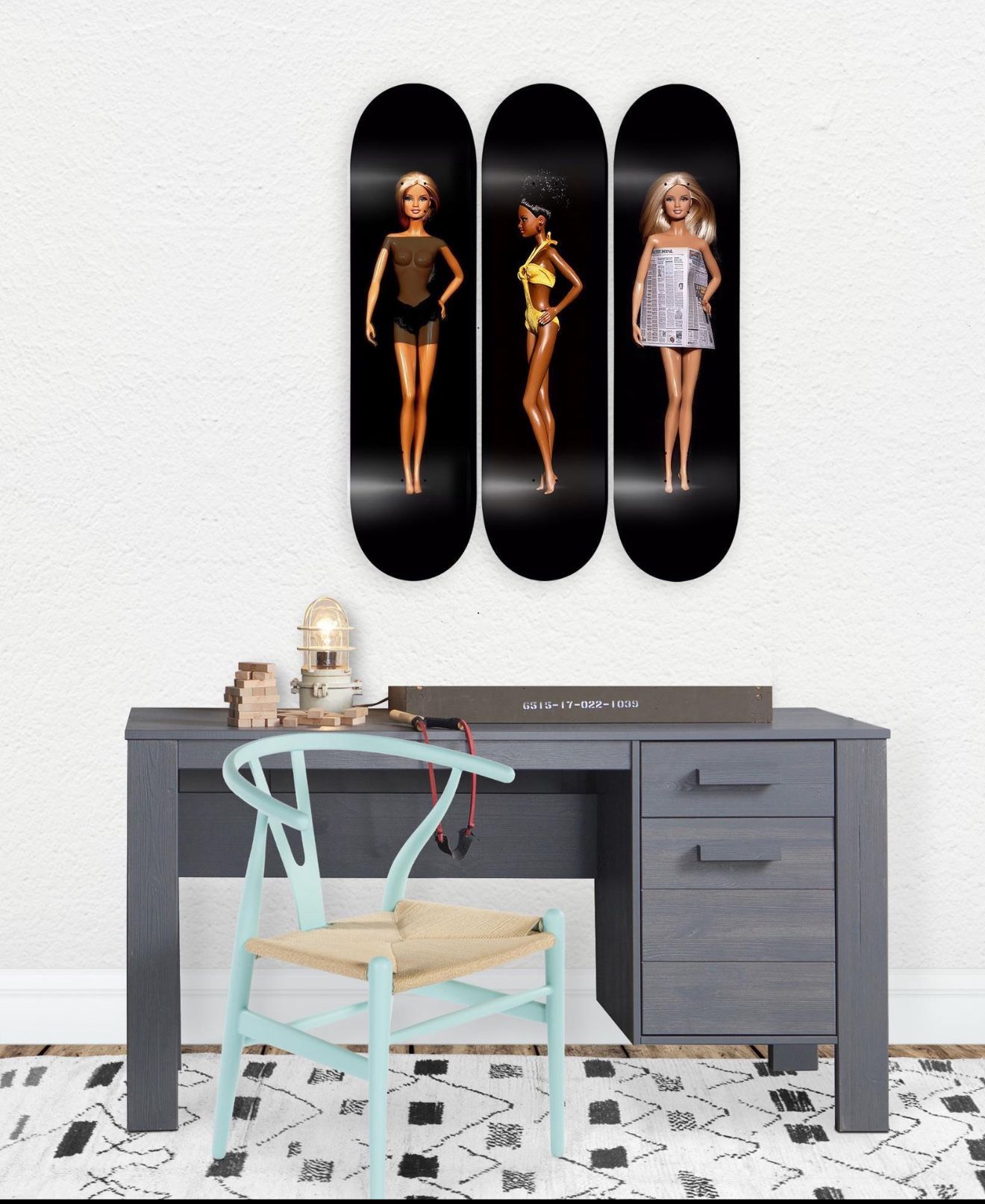 Modern Style Doll Artwork, Skateboard Set of 3Pcs, Pro-Grade Maple Wood, Pop Art, Wall Decor