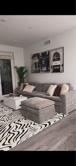 Gray Velvet Sectional Sofa with Ottoman