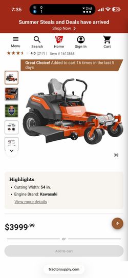 Husqvarna Z254F 54 in., 24 hp Zero-Turn Mower, Kawasaki V-Twin Engine, Hydrostatic Transmission new