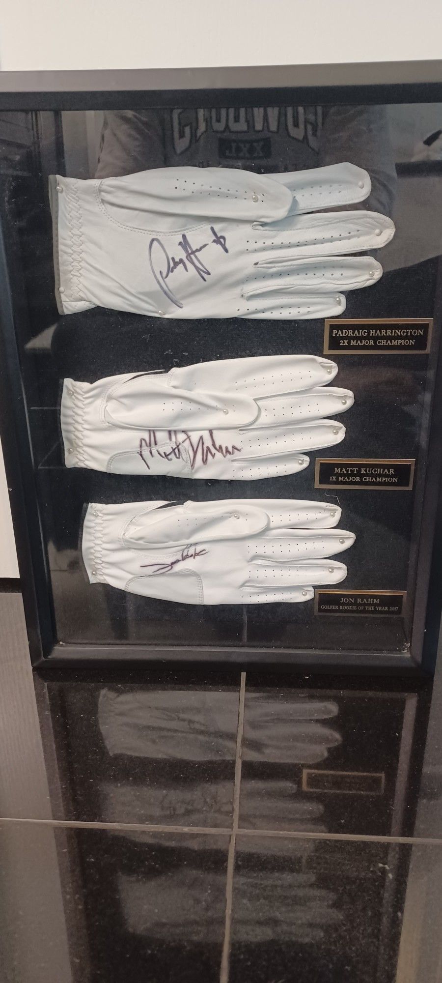 SET OF 3 PROFESSIONAL GOLFERS JON RAHM , PATRICK HARRINGTON, MATT KUTCHER FRAMED GOLF GLOVES **SEE DISCRIPTION **