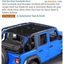 Alien Sunshade Jeep Wrangler JLU Black (2018-Current), Full Length Mesh Sun Shade for Jeep JL Unlimited, Blocks UV, jeep gifts, Wind, Noise, Bikini JL