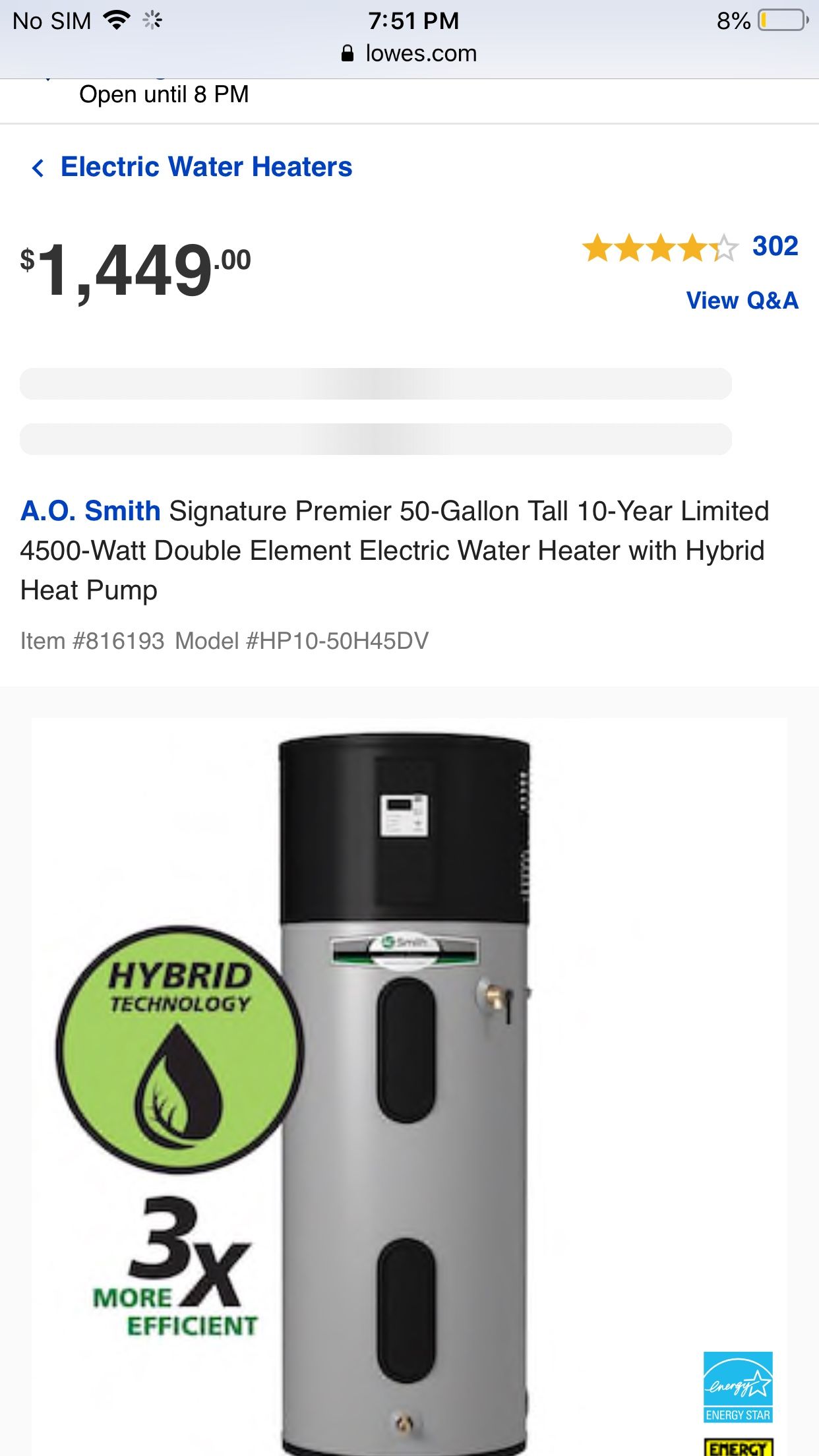 A.O. Smith Signature Premier 50-Gallon Tall 10-Year Limited 4500-Watt  Double Element Electric Water Heater with Hybrid Heat Pump for Sale in Long  Beach, CA - OfferUp