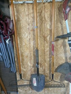 metal rakes, and shovel