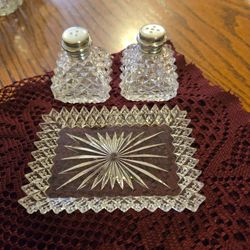 Cut Crystal Salt and Pepper Shaker Set with Tray