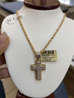 10k gold SOLID rope chain with real diamond cross pendant combo