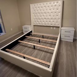 ALL WHITE LEATHER w/ diamond studded Headboard