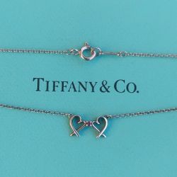 Tiffany & Co Pink Stone Silver Paloma Picasso Double Loving Heart Necklace 