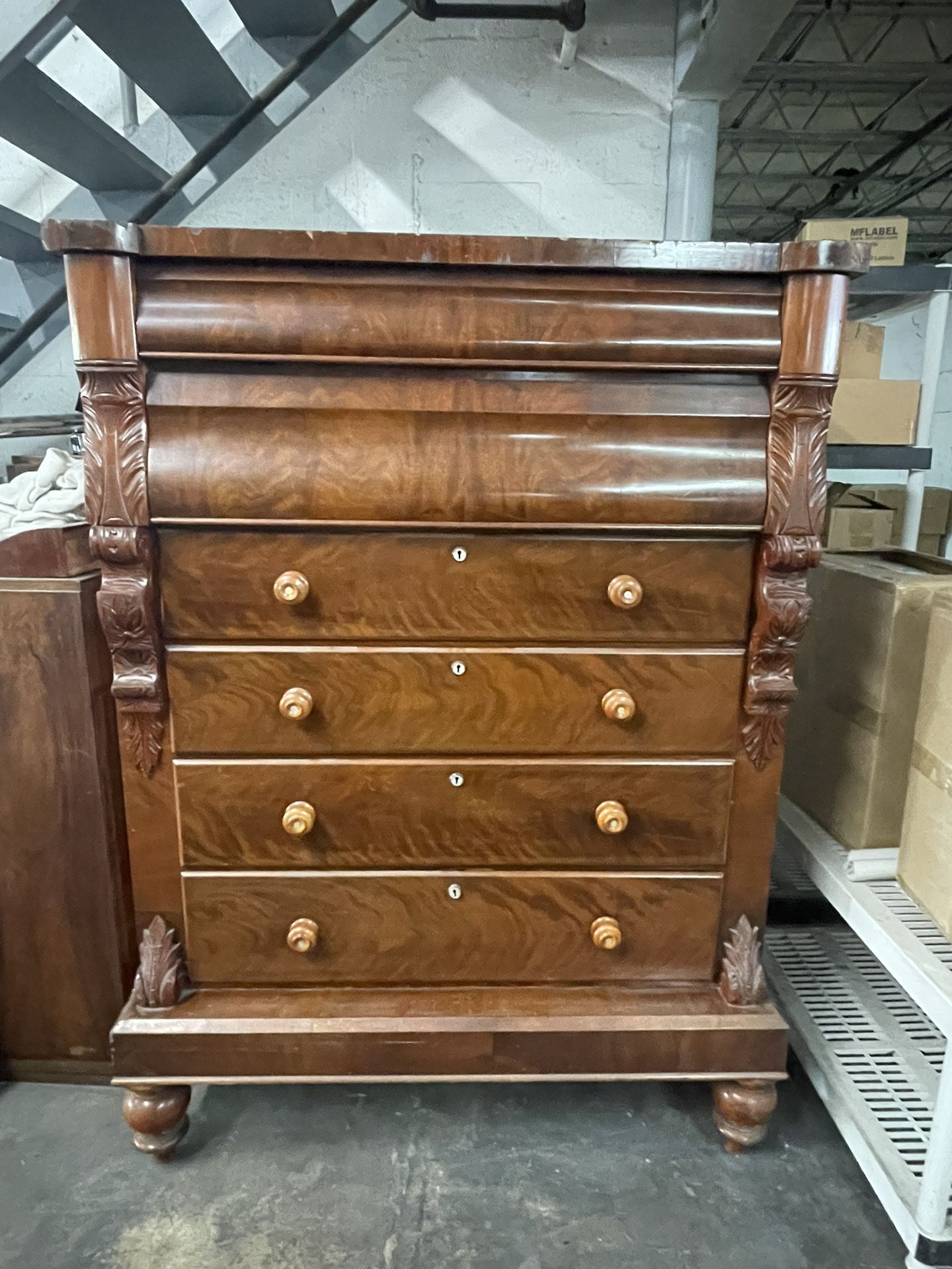 1800’s Antique Flame Mahogany Scottish Chest Of Drawers