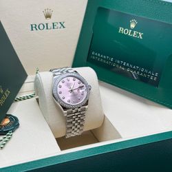 Womens Rolex Datejust 36, pink dial roman numerals diamond-set bezel Stainless Steal