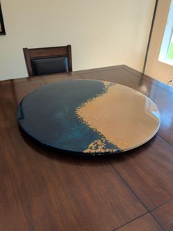 30" Extra Large Resin Art Lazy Susan – Navy & Gold Leaf