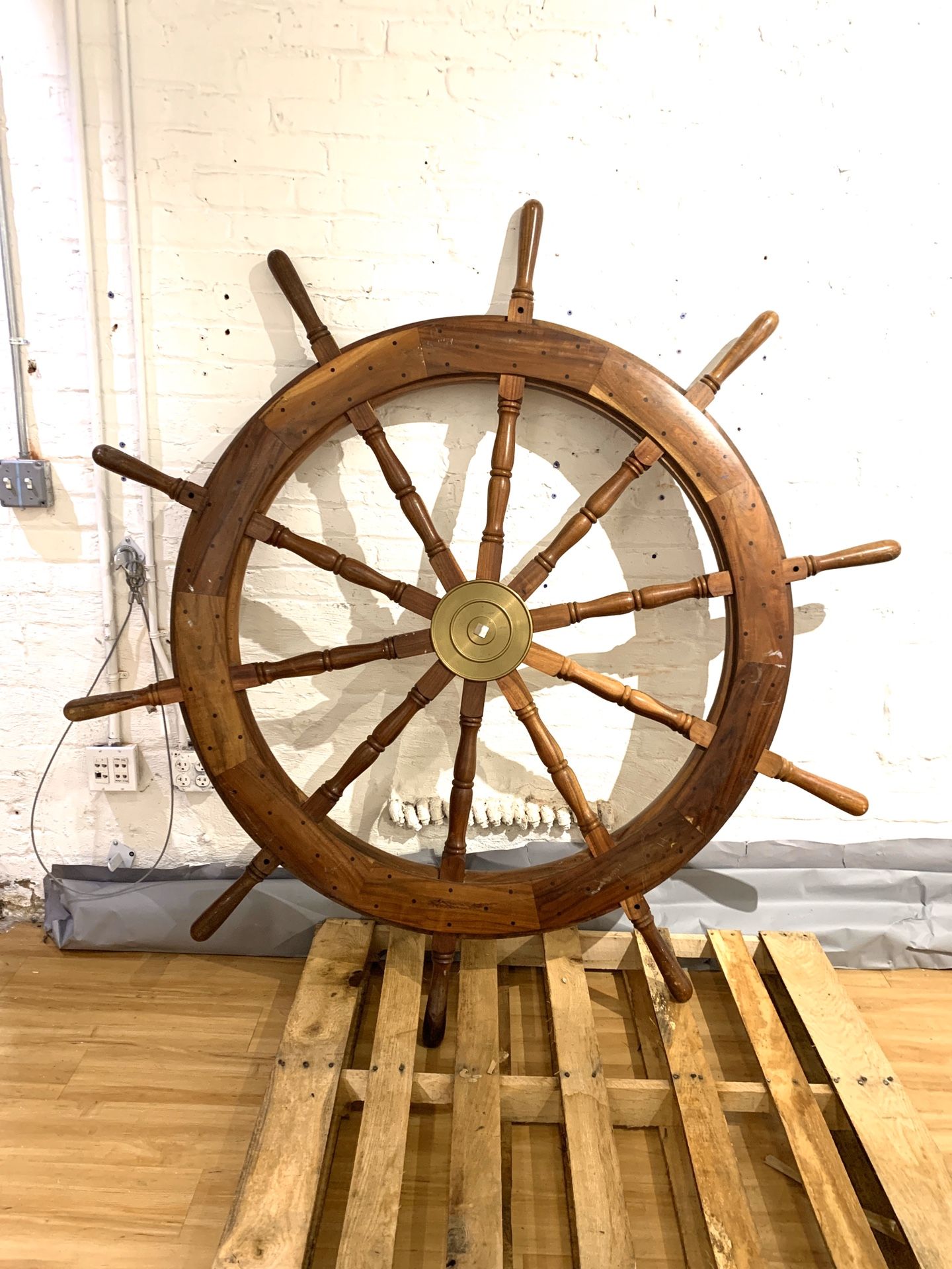 Large wood and brass ships wheel 71.5 inches