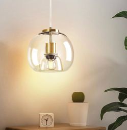 Clear Glass Pendant Light Kitchen Island, 7.87", 1 Pack Gold hardwired E26 fixture, 4.0mm glass globe shade, adjustable clear cord, modern pendant lig
