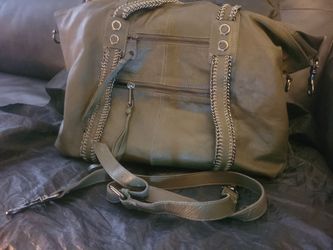 Olive Green Leather Tote Bag with Chain Detail