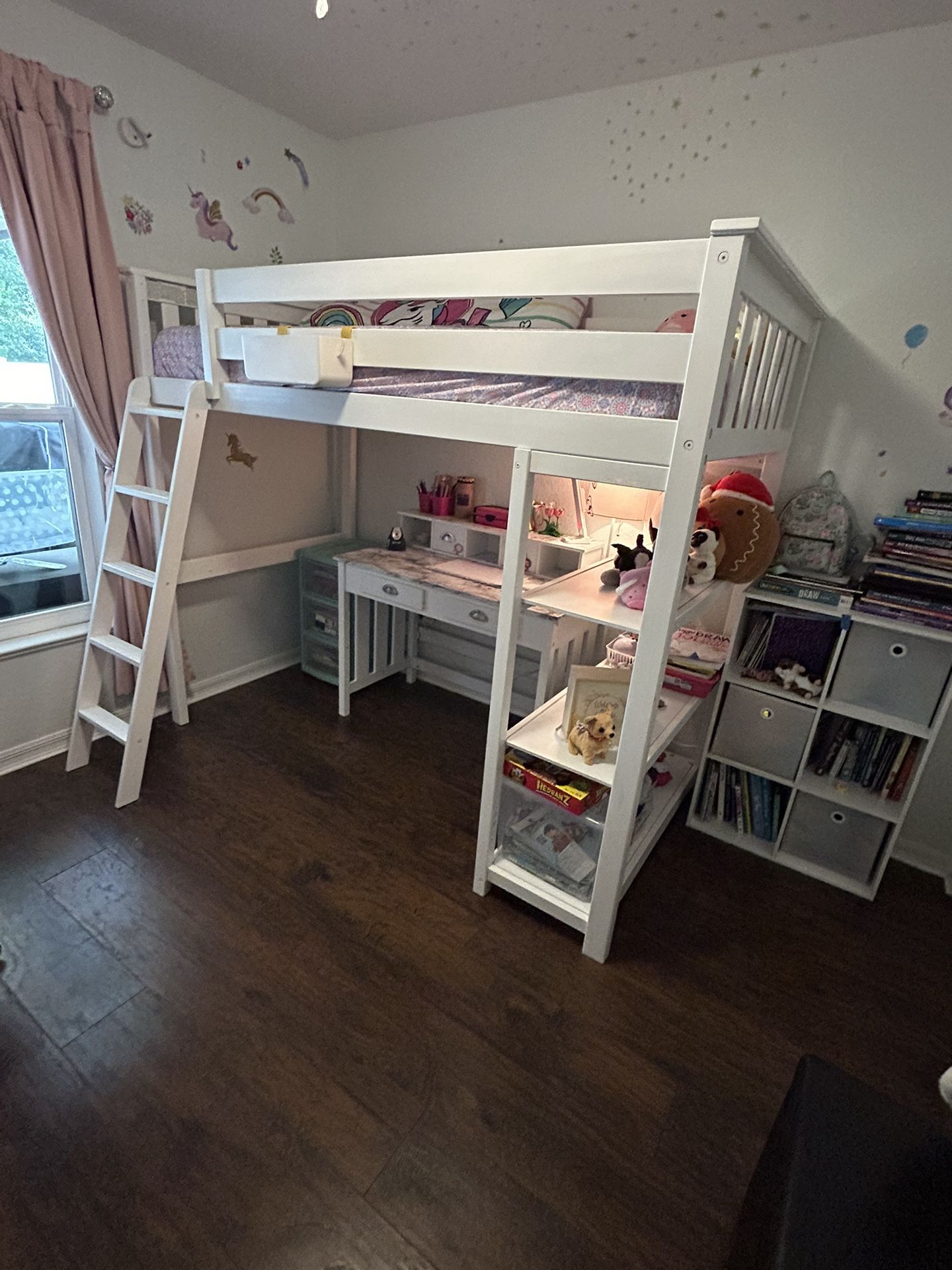 kids/girls bunk bed with desk white wood, twin,