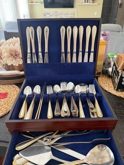 Silver and Gold Flatware Set in Wood Case