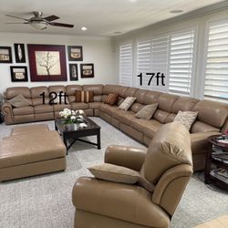L-Shape Leather Reclining Sectional + Ottomans + Single Recliner