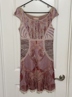 Cecília Prado Women’s Geometric Metallic Thread Pattern Pearl Neck Dress Size M