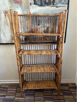 Vintage Tiger Bamboo Foldable Bookshelf /Bookcase Etagere 4 Tier ShelfCoastal Boho Hollywood Regency