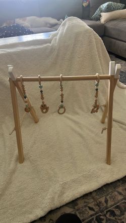 Wooden Baby foldable Play gym with 5 Hanging toys