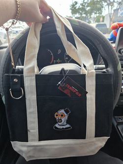 Art the Clown Embroidered Black/Beige Tote Bag, Open Top, Double Handles Strap