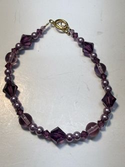 Purple Crystal Faux Pearl Beaded Bracelet 1/20 14K GF Toggle Clasp