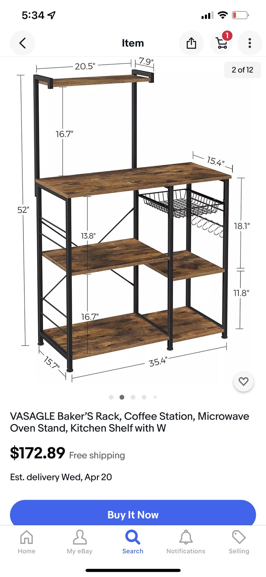 Kitchen Baker’s Rack, Coffee Bar, Microwave Stand, with Steel Frame 35.4", Rustic Brown