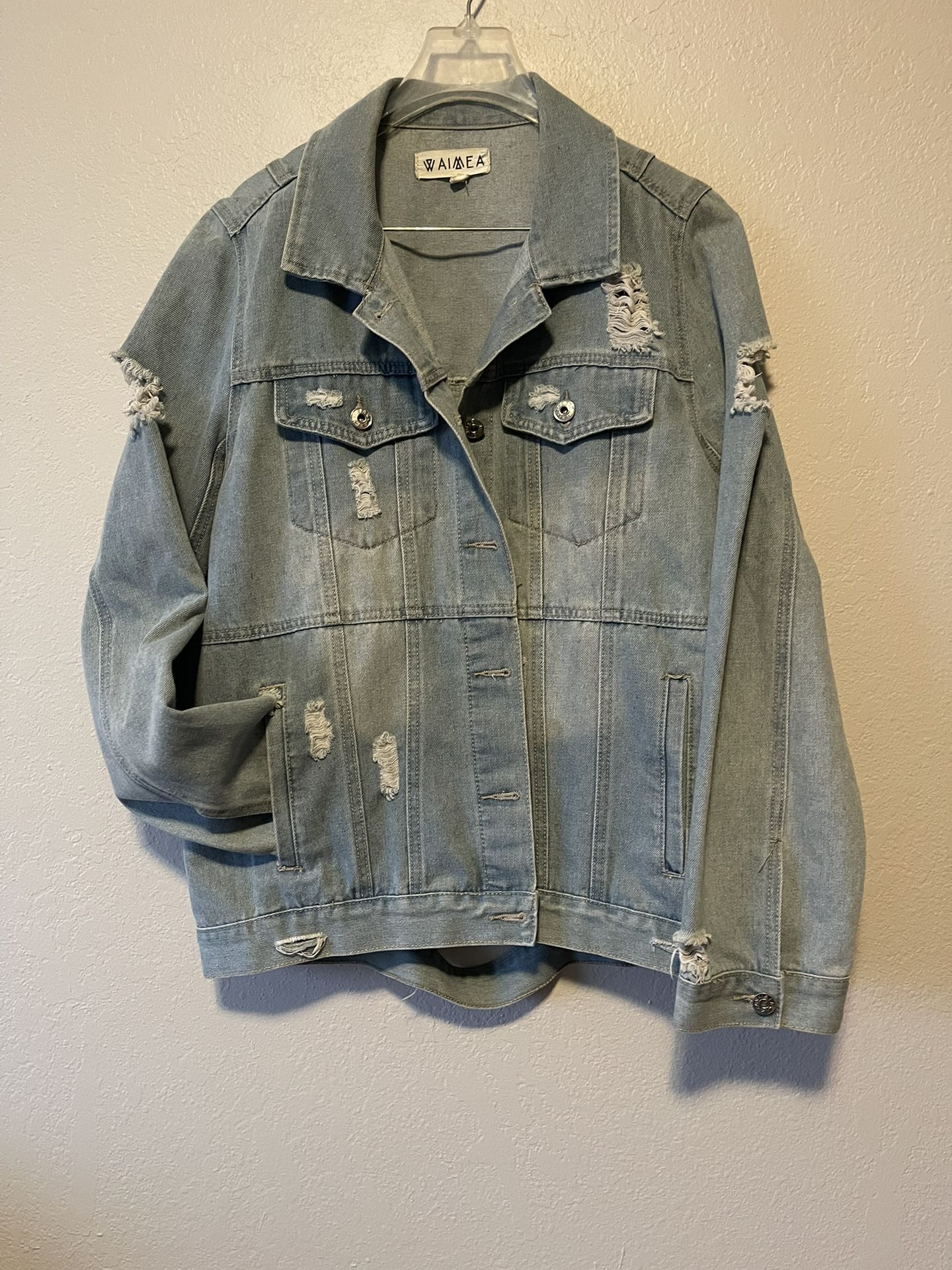 Waimea, Mens Light Blue Distressed Jean Front Pockets Denim Jacket, Size L