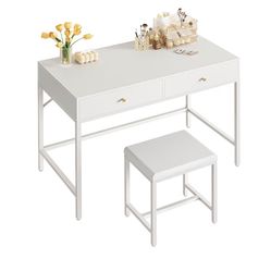 35.4" Desk with 2 Drawers, Modern Makeup Vanity with Padded Stool White