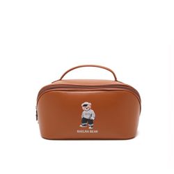 RAELRA BEAR Large Capacity Travel Cosmetic Bag PU Leather Waterproof Makeup Bag Women Portable Cosmetic Bag - Brown