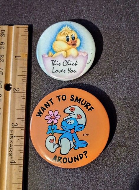 The Smurfs Want to Smurf Around? This Chick Loves You Vintage Collectible Lapel Pin Button Pinback Lot Of 2 A-1