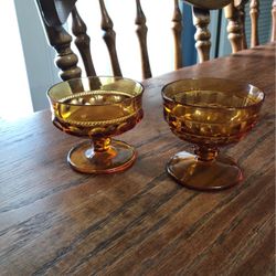 Vintage Amber Glass Footed Dessert Dish-1 Is White House Cubed- 2- Indiana Glass Thumb Print Design 