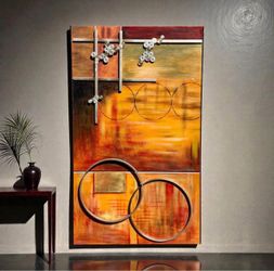 ⭕️ HUGE 82”x49” Contemporary Industrial Wall Sculpture – Wood & Steel Dimensional Art Panel