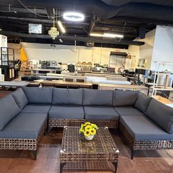 🔥Set of 7🔥patio set with coffee table, rattan outdoor sectional sofa reception set, brown rattan and dark grey cushions  💰550$