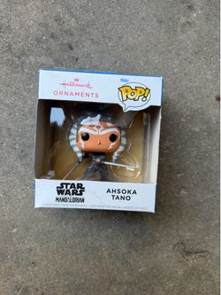 Hallmark Christmas tree ornament featuring a Funko Pop! vinyl figure of Ahsoka Tano from Star Wars: The Mandalorian.