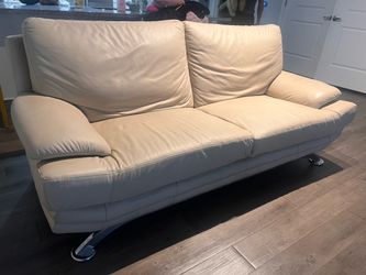 Cream Leather Two-Seat Sofa