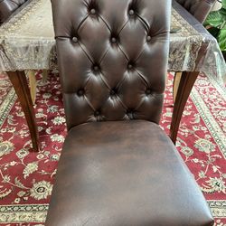 6 Brown Leather Tufted Chairs 